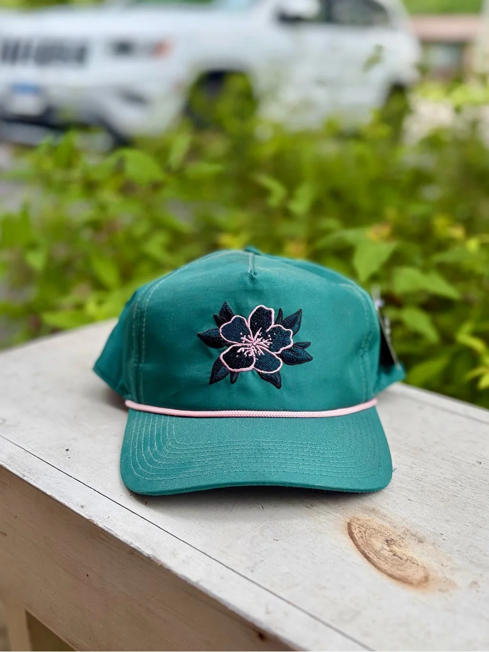 Bad Birdie Teal Baseball Cap with Pink Piping & Floral Patch